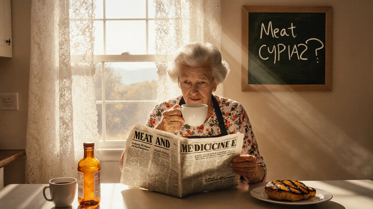 An elderly woman sips coffee beside a prescription bottle and grilled chicken, sunlight streaming through curtains.
