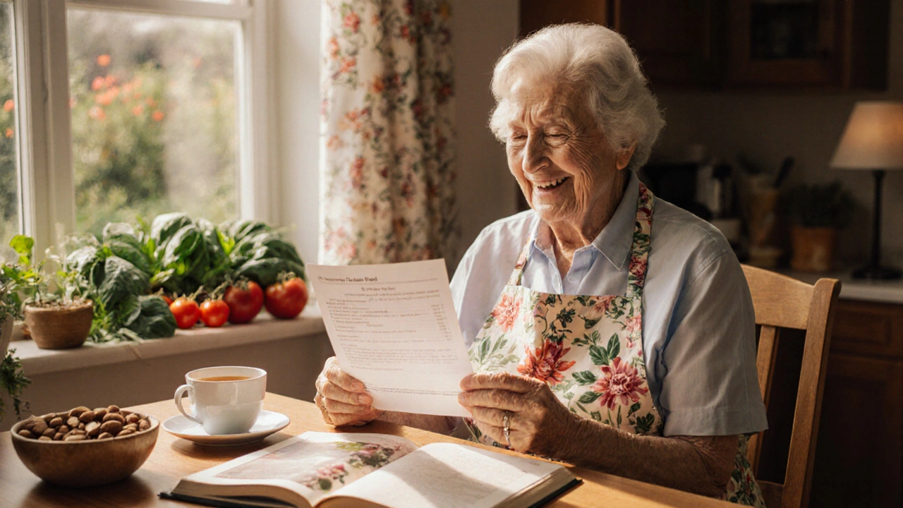 An elderly woman smiling at her improved blood test results while enjoying tea and homegrown vegetables.