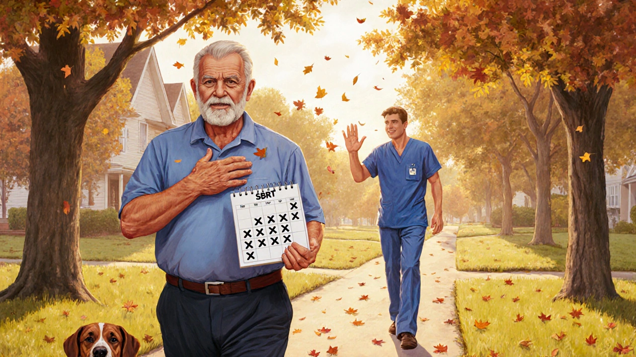 An older man walks his dog in a park, hinting at recovery after radiation therapy.