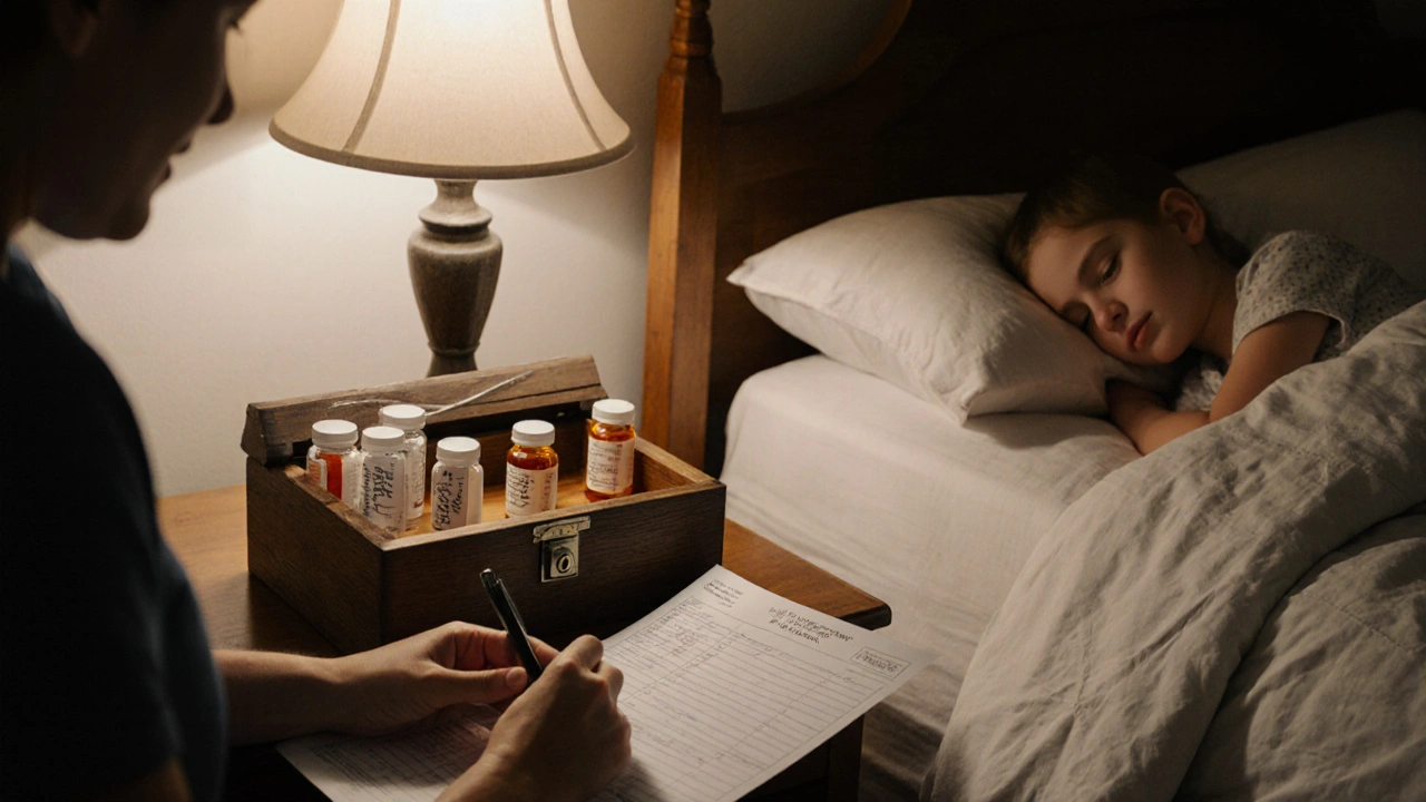 Caregiver documenting medication doses in a locked box beside a sleeping child.