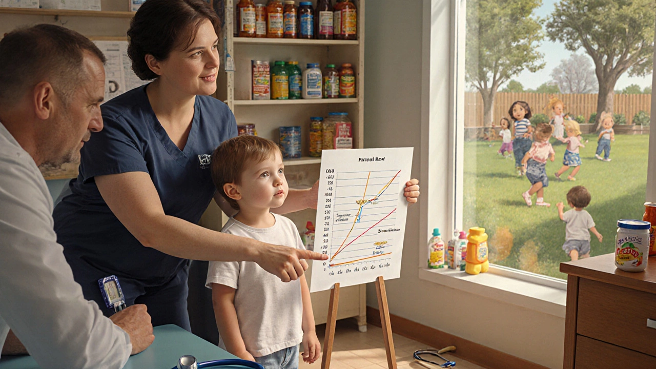 Child with CKD and parent in clinic, doctor showing bone growth chart alongside vitamin D bottles.