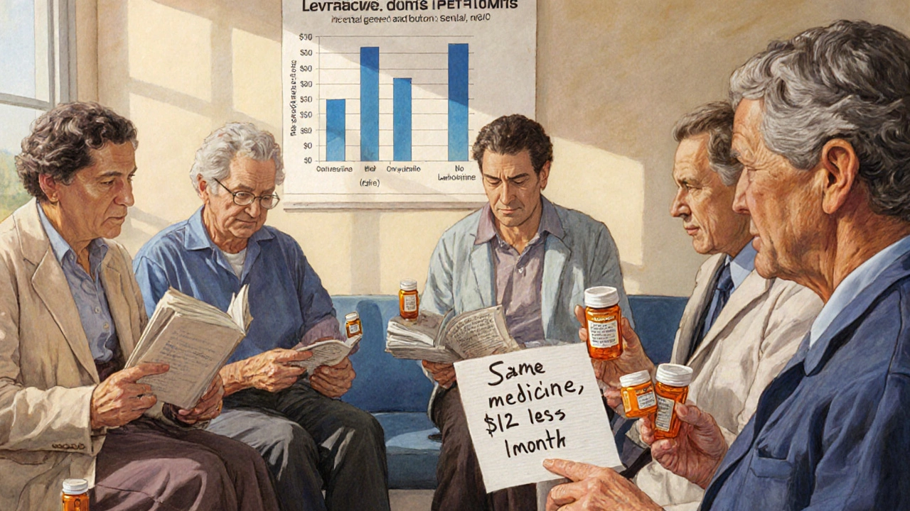 Diverse patients in a clinic waiting room holding generic medication bottles, with a cost comparison chart on the wall.