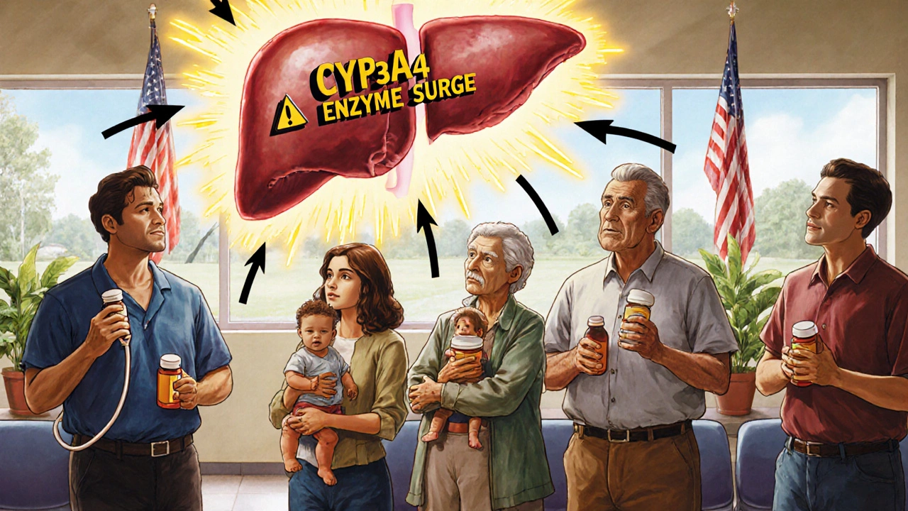 Diverse patients in clinic waiting room looking up at a glowing liver symbolizing enzyme surge, holding prescription bottles.