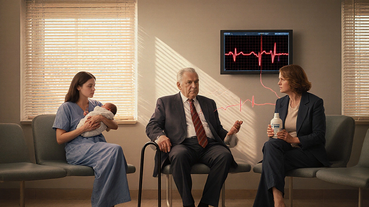 Diverse patients in hospital waiting room, faint red lines connect to ECG monitor showing prolonged QT waveform.