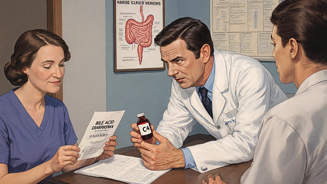 Doctor explaining C4 blood test results to patient in clinic, hopeful expression.