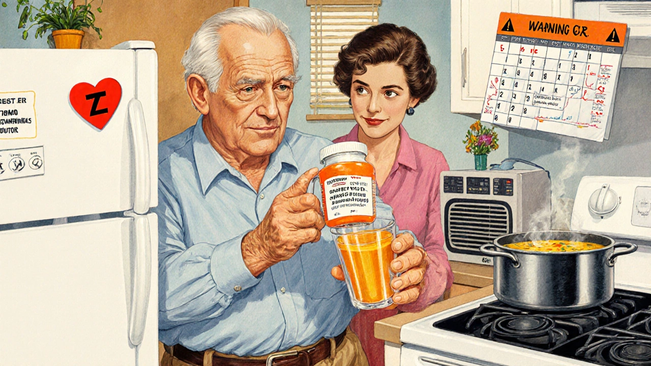 Elderly man drinking grapefruit juice while holding erythromycin, wife looks on worriedly in kitchen.