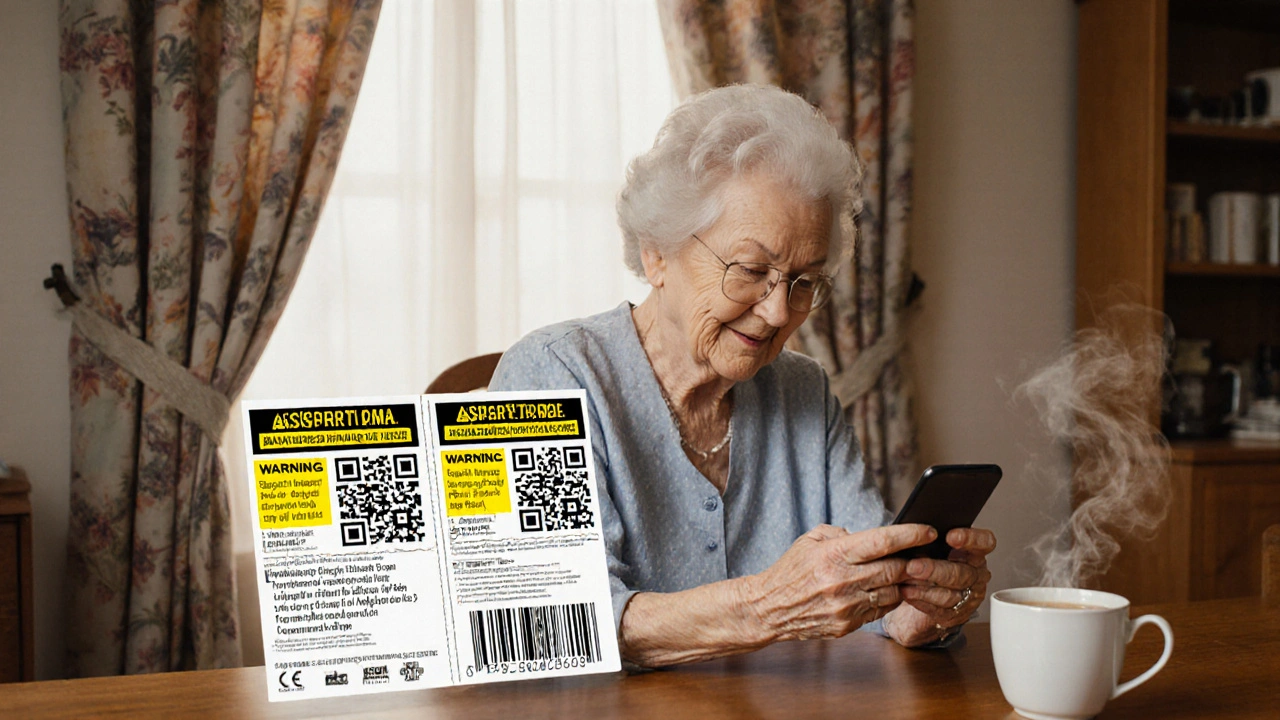 Elderly woman scanning a QR code for audio prescription info at her kitchen table.