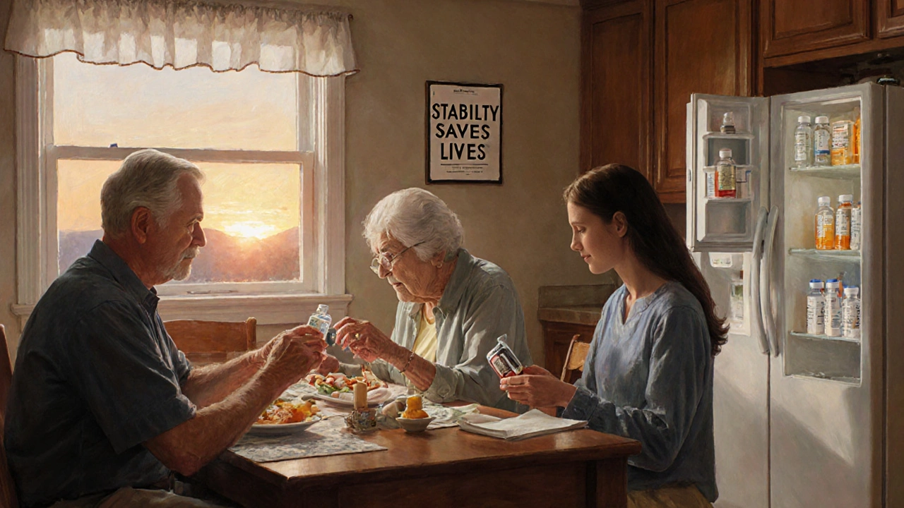 Family in kitchen taking medication, refrigerator with insulin visible, morning light through window.