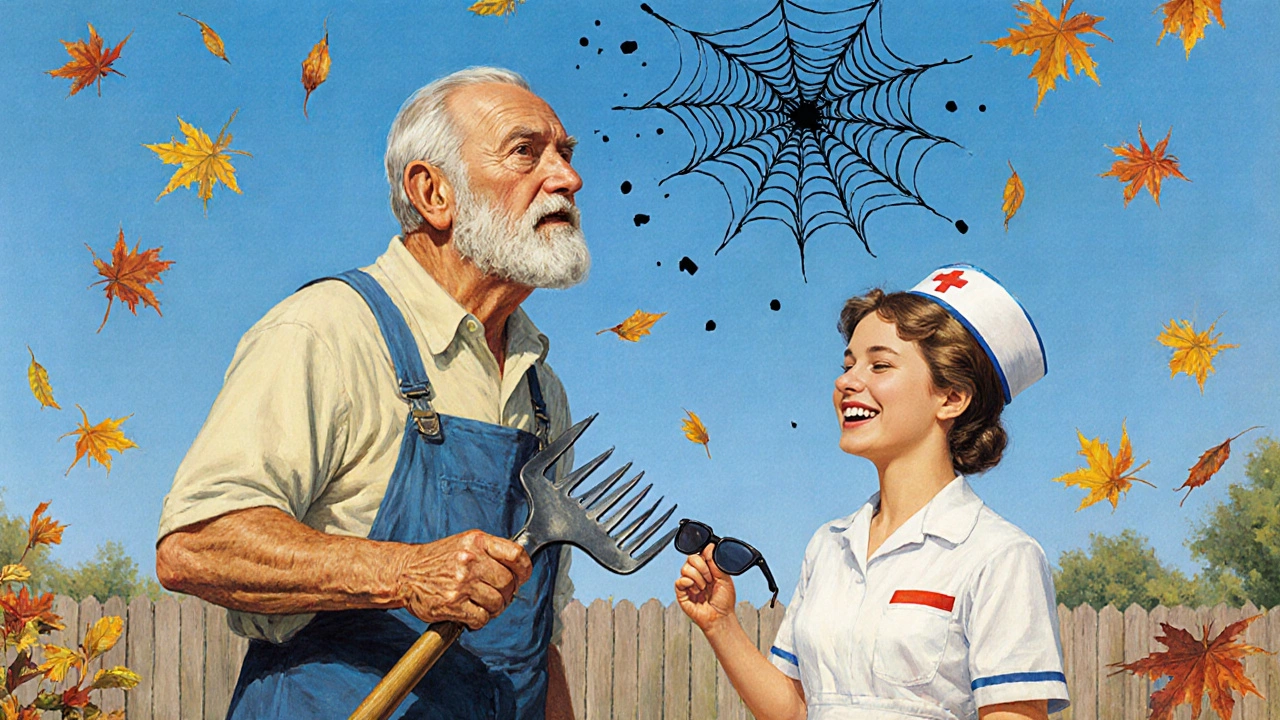 Gardener in his backyard recognizing floaters as normal, with nurse offering sunglasses.
