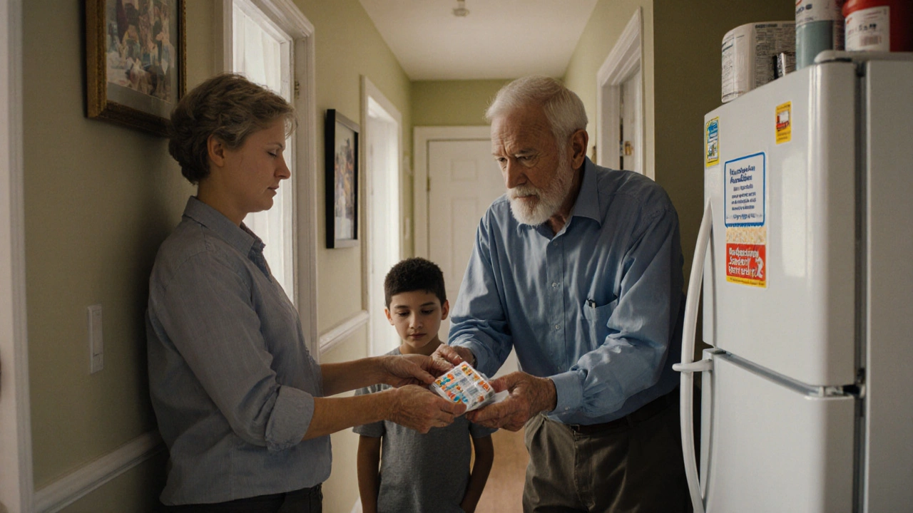 Grandfather returning unused meds to pharmacy drop-box as teenager observes respectfully.