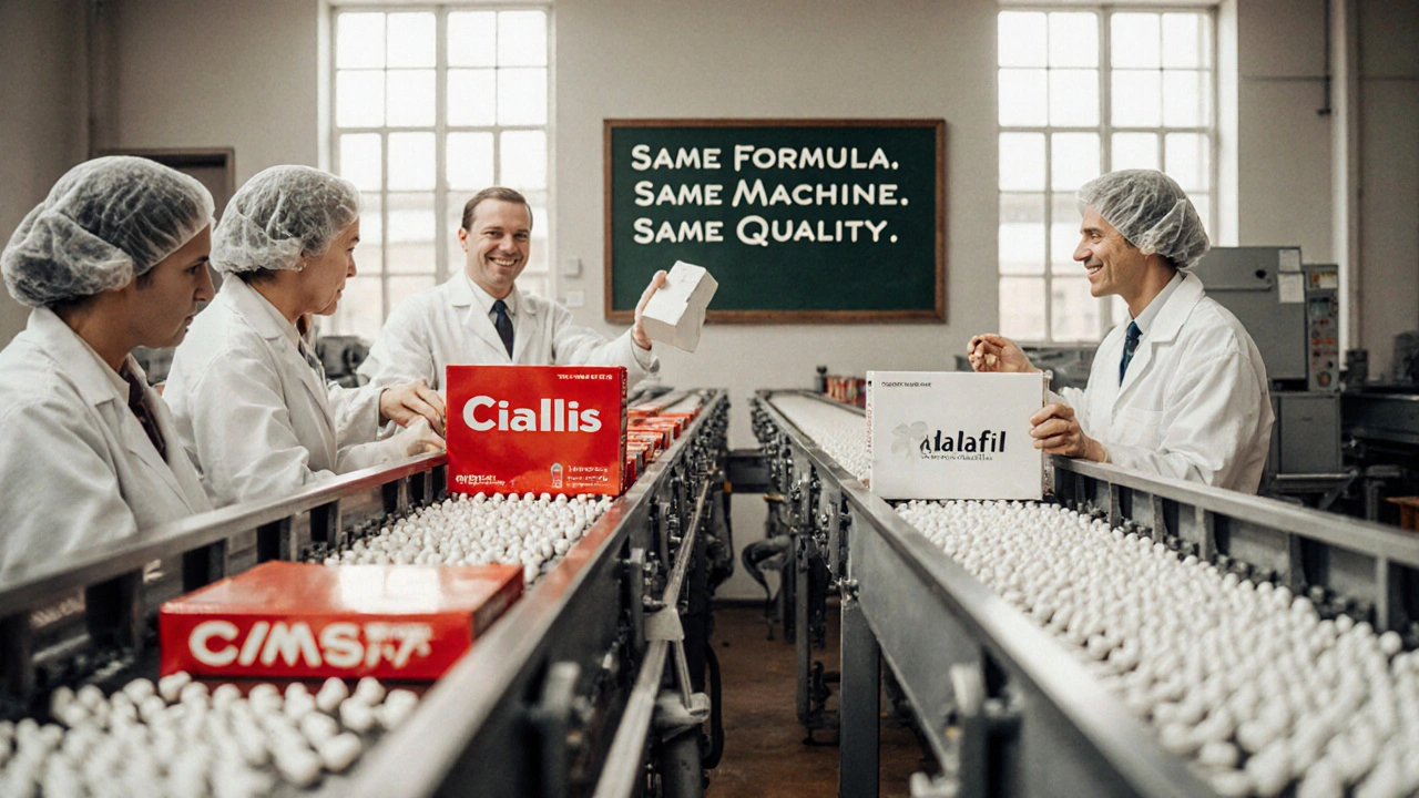 Identical pills being packaged into branded and generic boxes on a mid-century production line.