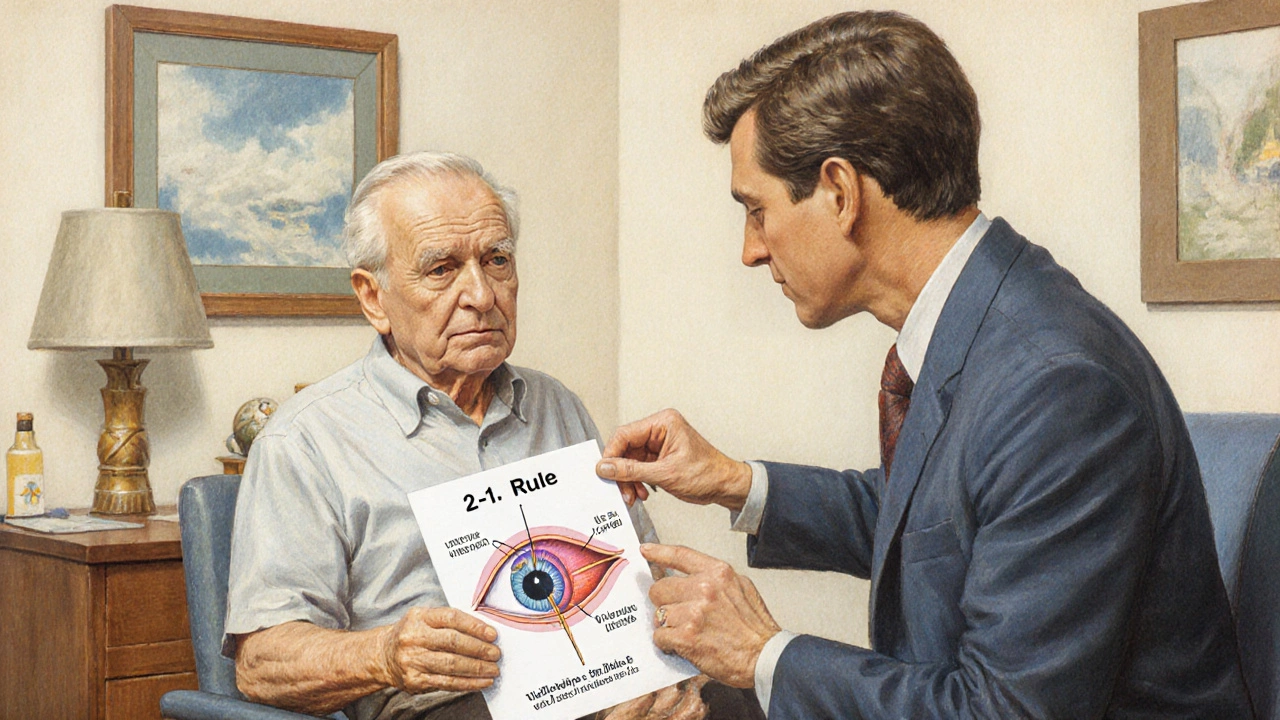 Older patient learning the 3-2-1 Rule for floaters with a kind eye doctor in a clinic.