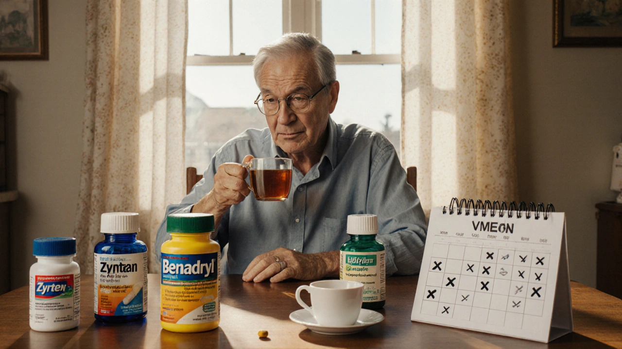 Patient at home surrounded by stopped allergy medications and a marked calendar preparing for testing.