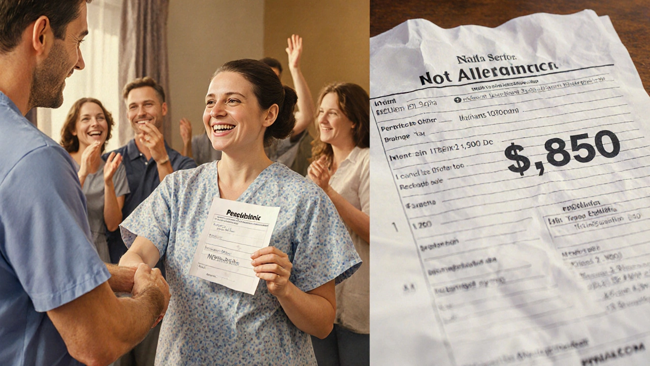 Patient celebrating negative allergy test results with doctor and family, holding a penicillin prescription.