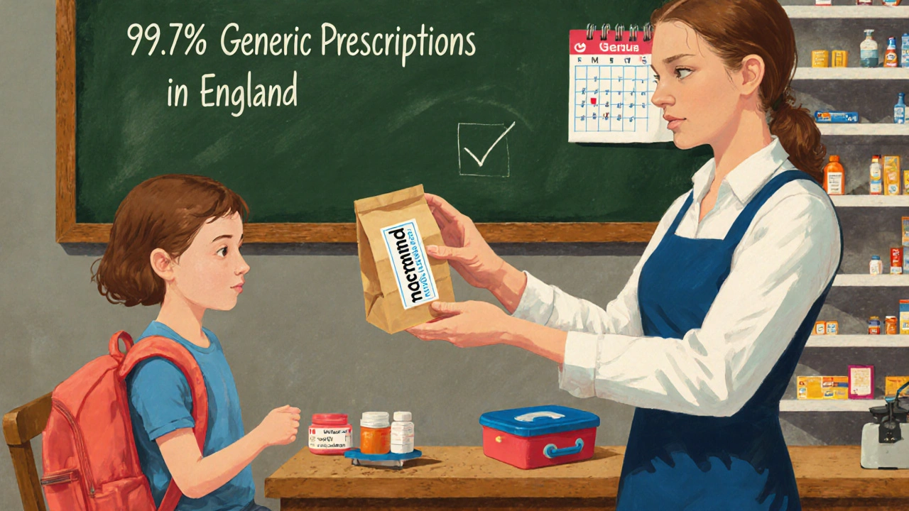 Pharmacist handing a generic medication to a young mother in a community pharmacy with a chalkboard showing generic prescribing stats.