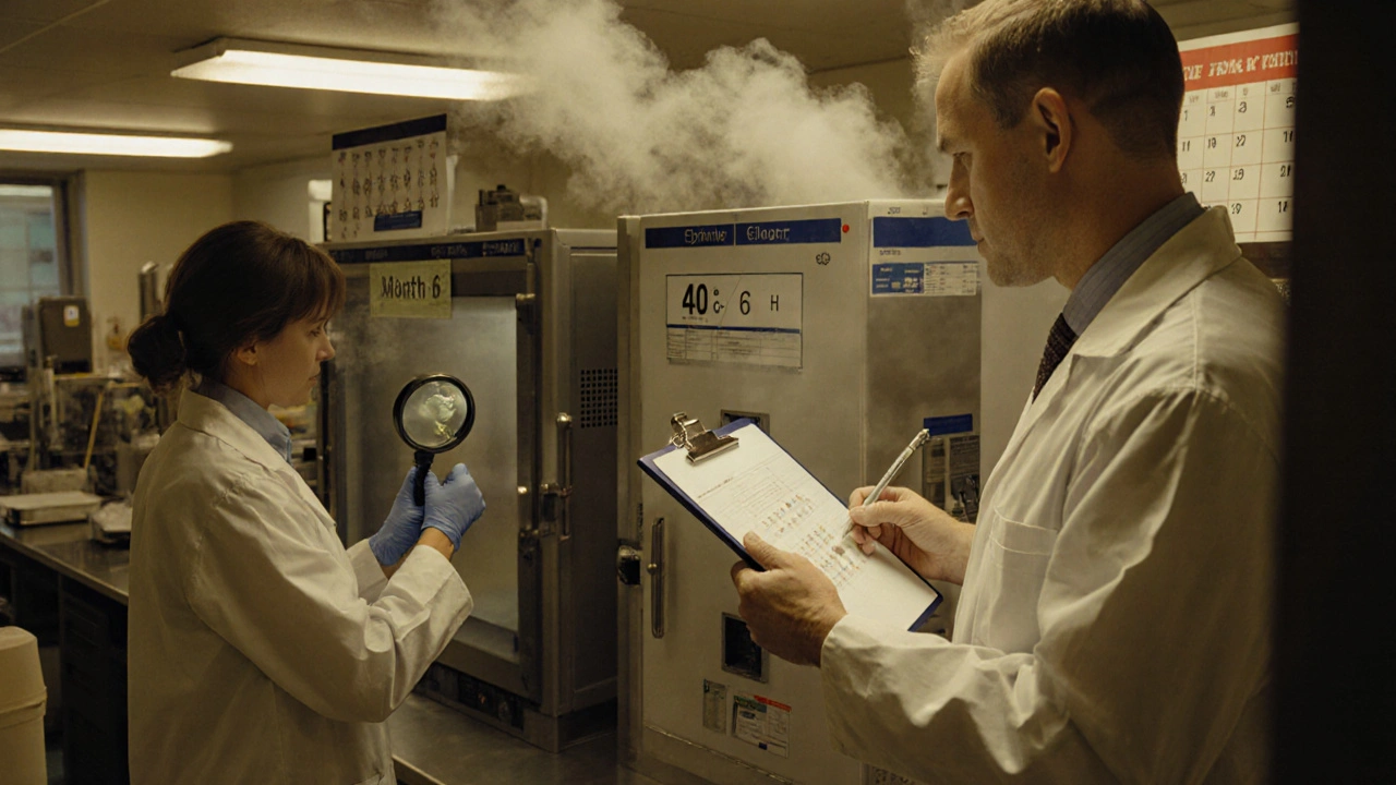 Scientists in a lab monitoring environmental chambers with tablets and climate data visible.