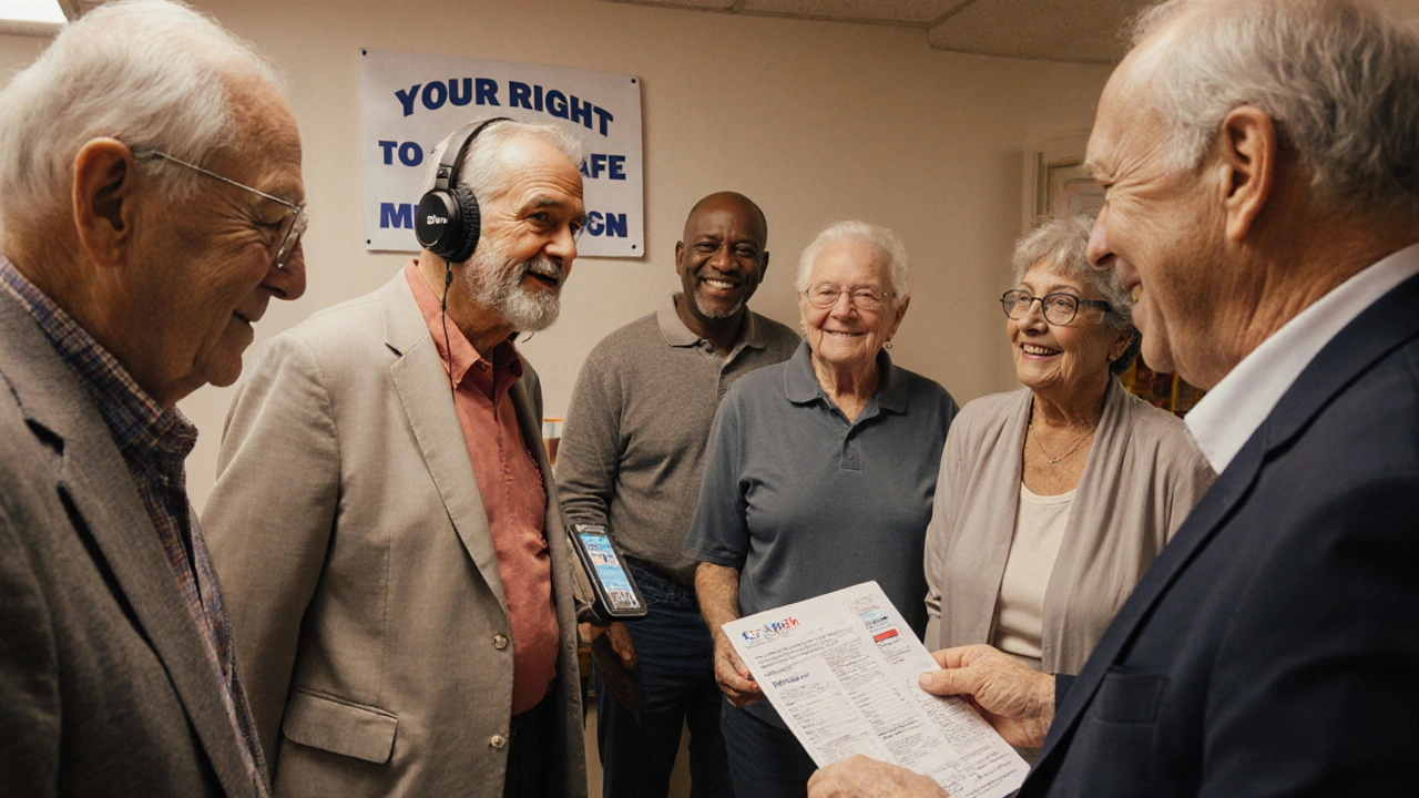 Seniors learning to use an audio prescription device with a pharmacist in a community center.