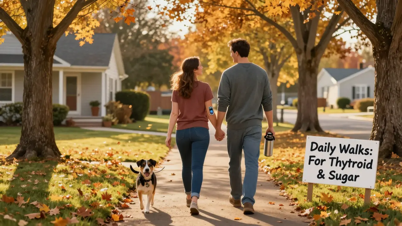 A couple walking hand-in-hand in a leafy backyard, one wearing a glucose monitor, symbolizing daily health habits for thyroid and diabetes.