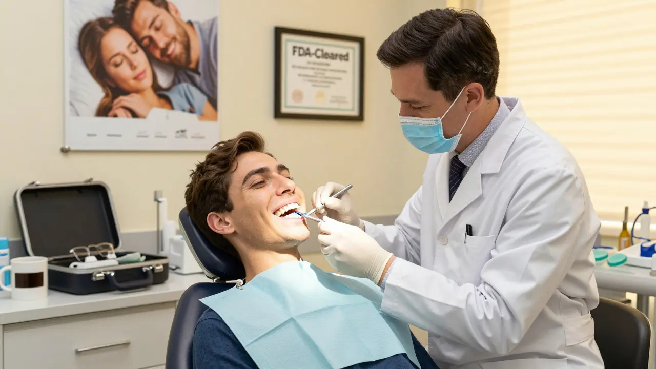 A dentist fits a custom oral appliance for sleep apnea in a friendly office setting.