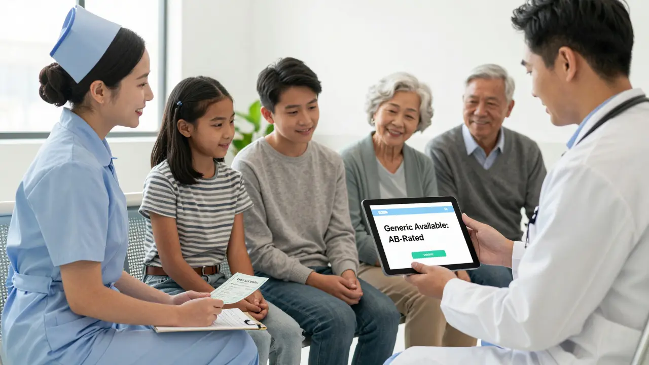 A diverse group of people in a clinic waiting room, smiling as a doctor shows a 'Generic Available' message on a tablet.