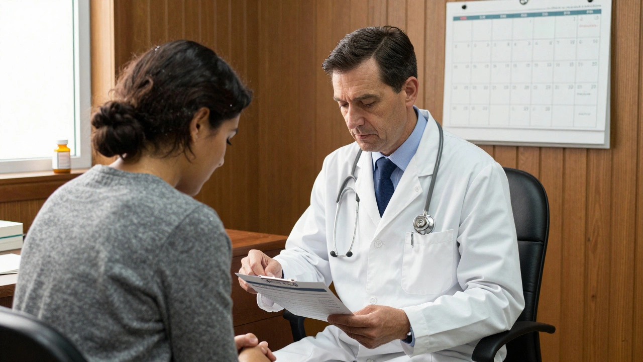 A doctor and patient discuss mood during a clinic visit, with a depression screening form and opioid bottle visible.