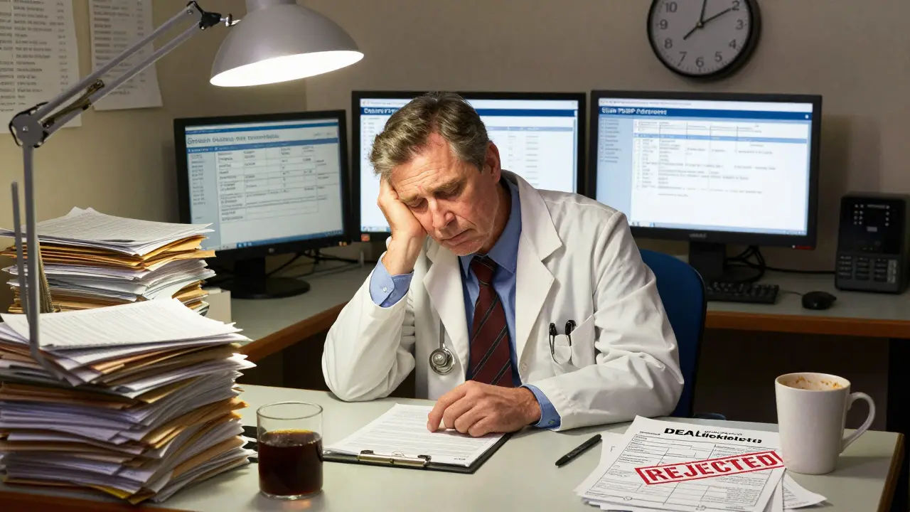 A doctor at a cluttered desk struggles with paperwork and state prescription databases under dim lighting.