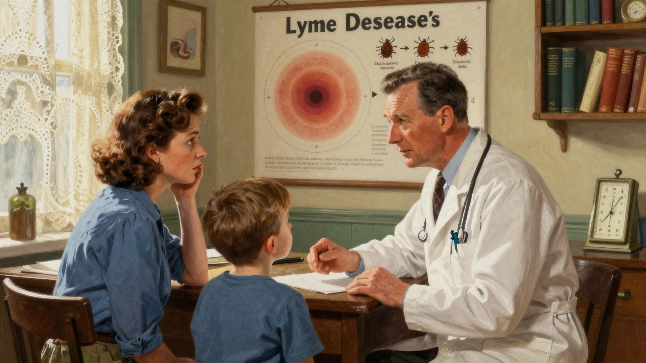 A doctor explains Lyme disease to a mother and son in a cozy office, with a chart showing the bull’s-eye rash.
