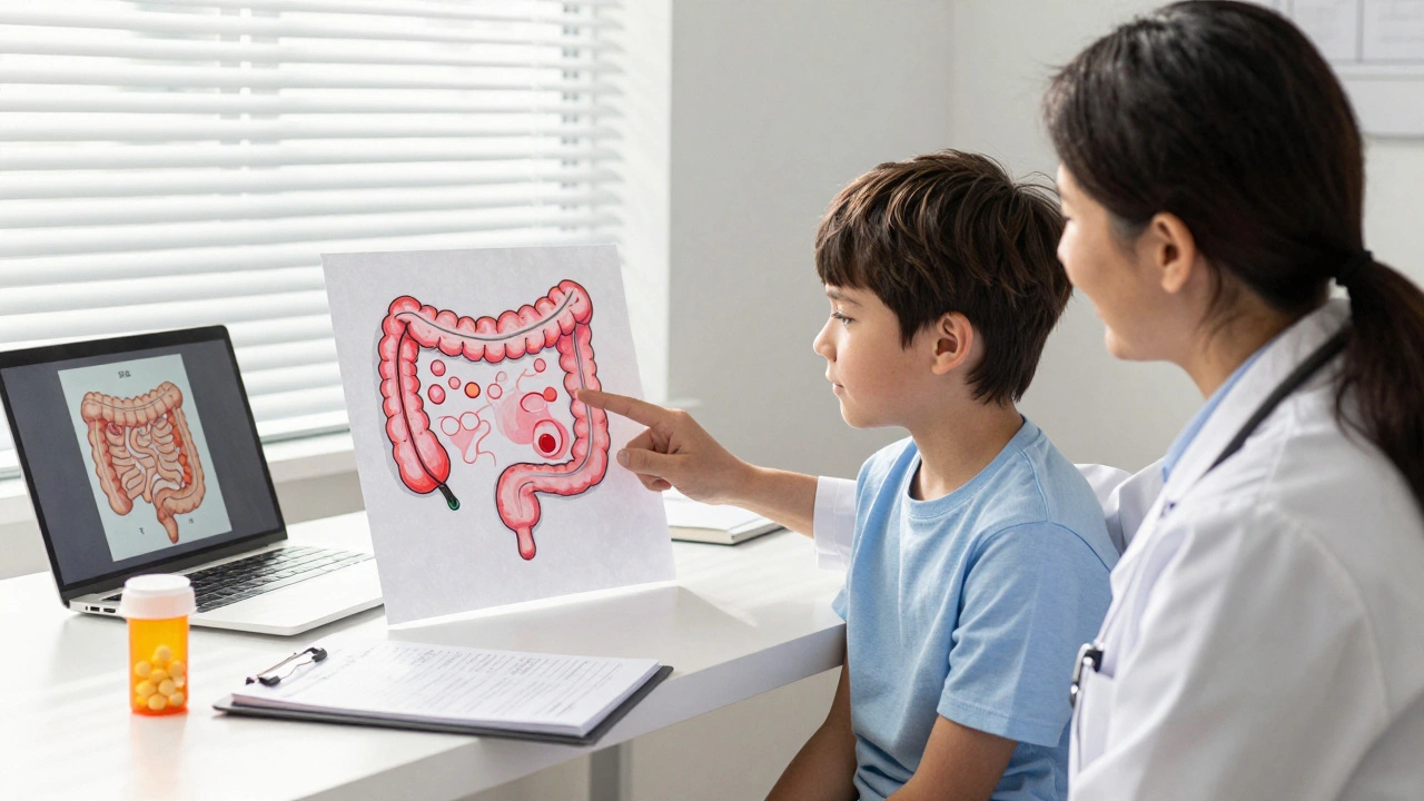 A doctor shows a Crohn’s patient a diagram of damaged intestinal villi during a compassionate office visit.