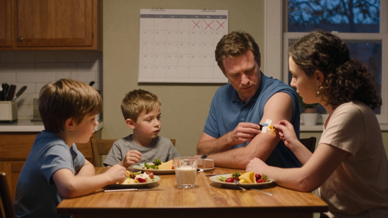 A family at dinner, one member wearing a fentanyl patch, checking a pulse oximeter under warm lamplight.