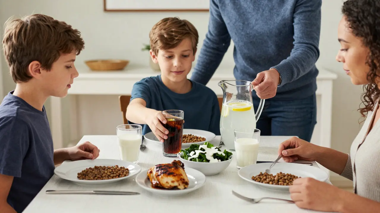A family dinner with balanced foods, one person choosing lemon water over soda.