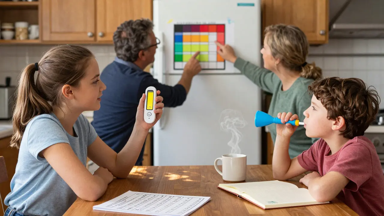 A family reviews a peak flow chart on the fridge, with a girl showing a yellow-zone reading and a traffic-light guide.