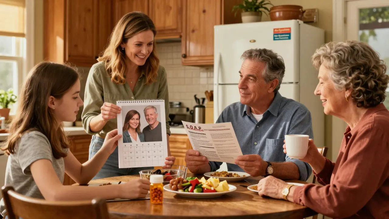 A family reviews medication symptoms at home, using photos and a calendar to track reactions together.