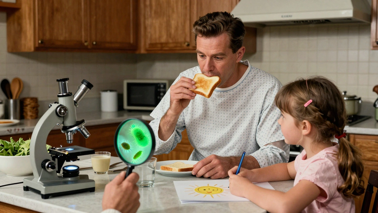 A family shares breakfast as a child draws, unaware of glowing Giardia parasites visible under a magnifying glass on the counter.