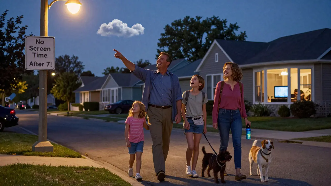 A family walking together at dusk, smiling and enjoying the evening without screens.