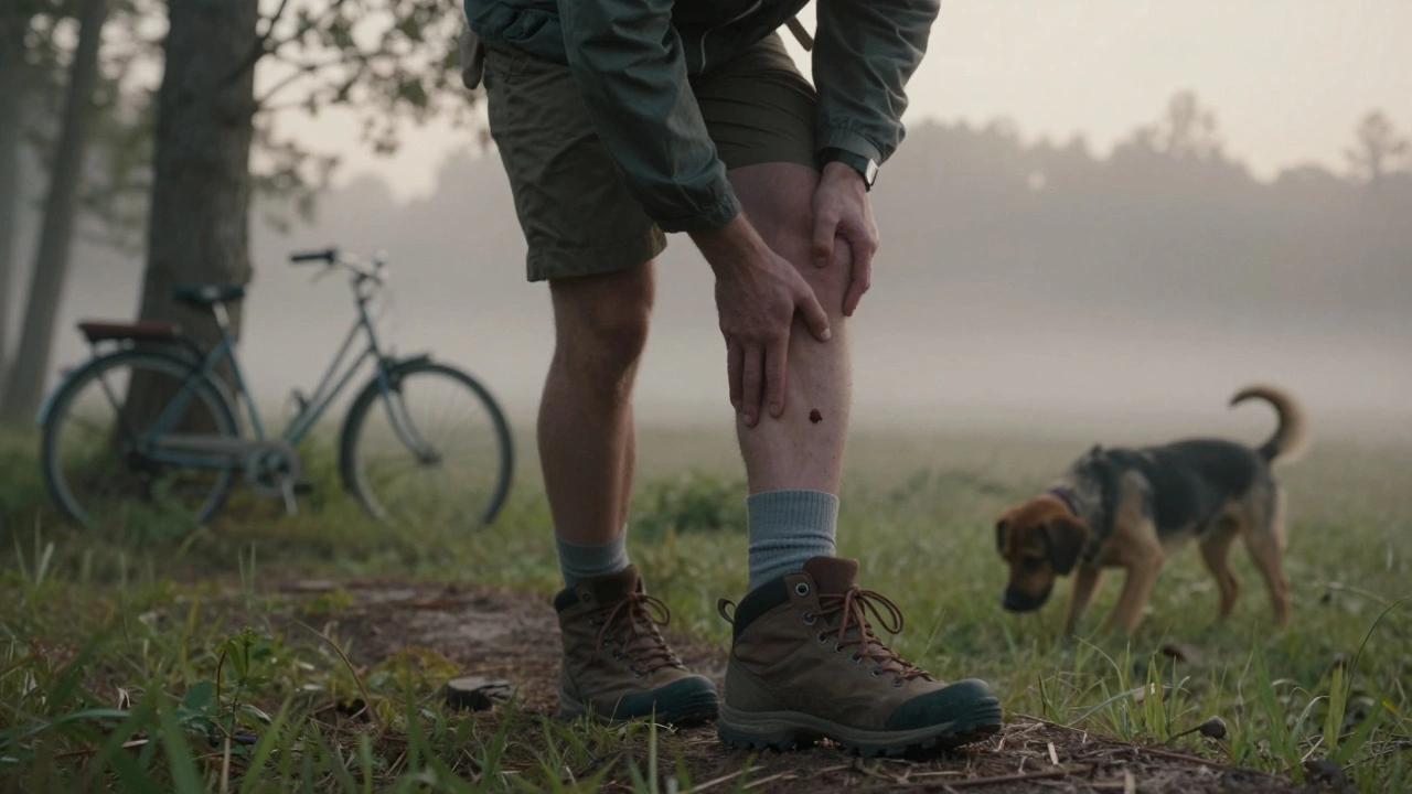 A hiker notices a tick on their sock at dawn, surrounded by a quiet forest landscape.