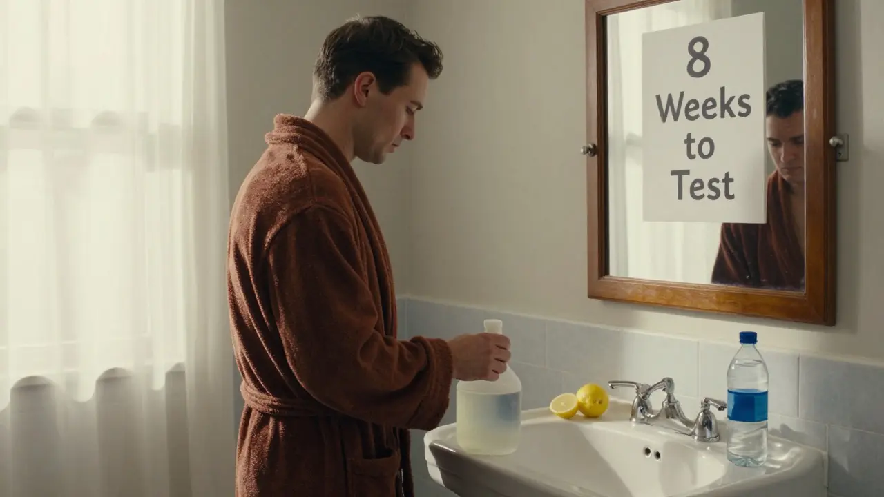 A man holding a urine collection jug with lemon water and a doctor's note in the bathroom.