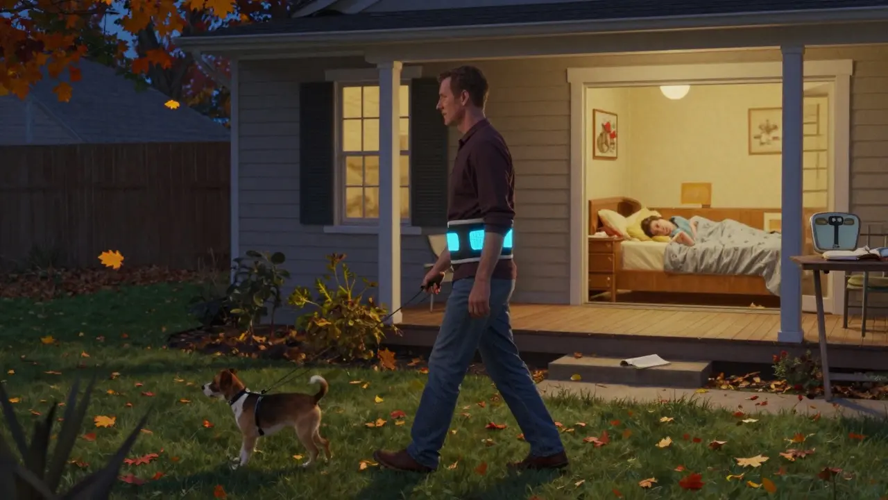A man walks his dog at dusk wearing a positional therapy belt, hinting at better sleep.