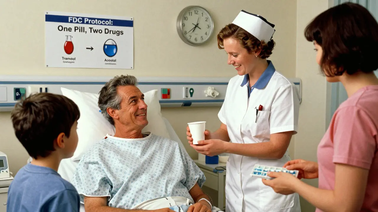 A nurse gives a post-surgery patient one pill in a hospital room, with a care protocol chart on the wall.