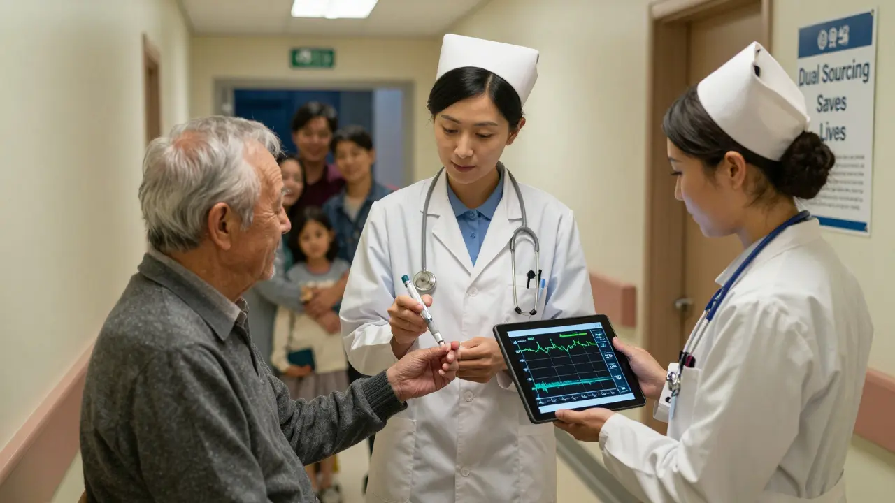 A nurse gives insulin to an elderly patient in a hospital hallway, with an AI alert visible on a doctor's tablet.