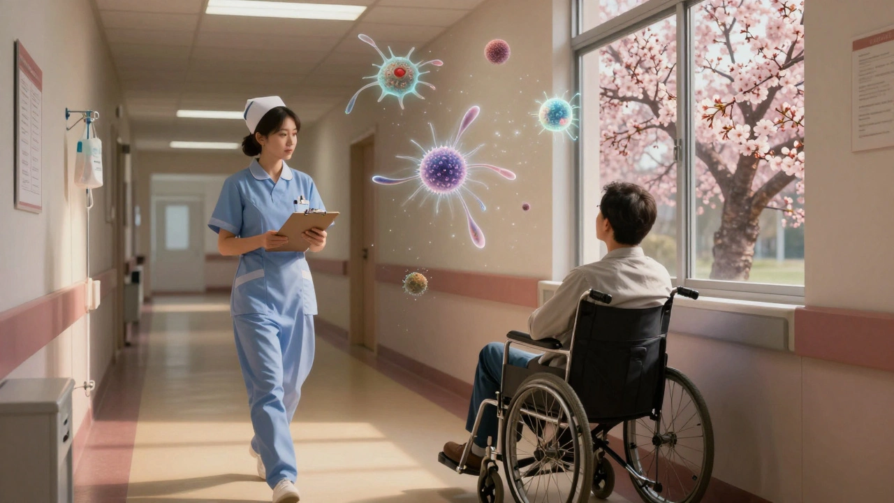 A nurse walks past a patient in a wheelchair, surrounded by translucent, glowing infectious organisms only visible to the viewer.