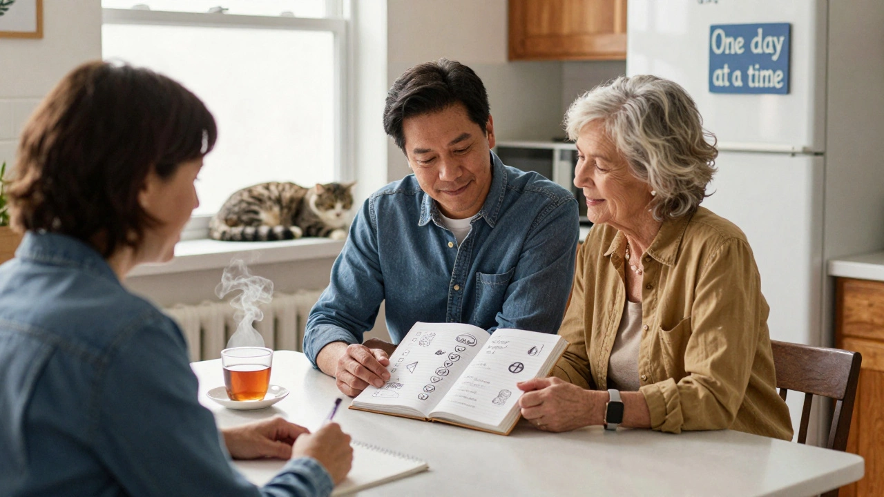 A patient and therapist sit together at a kitchen table, smiling as they review a journal, with a cat napping nearby.