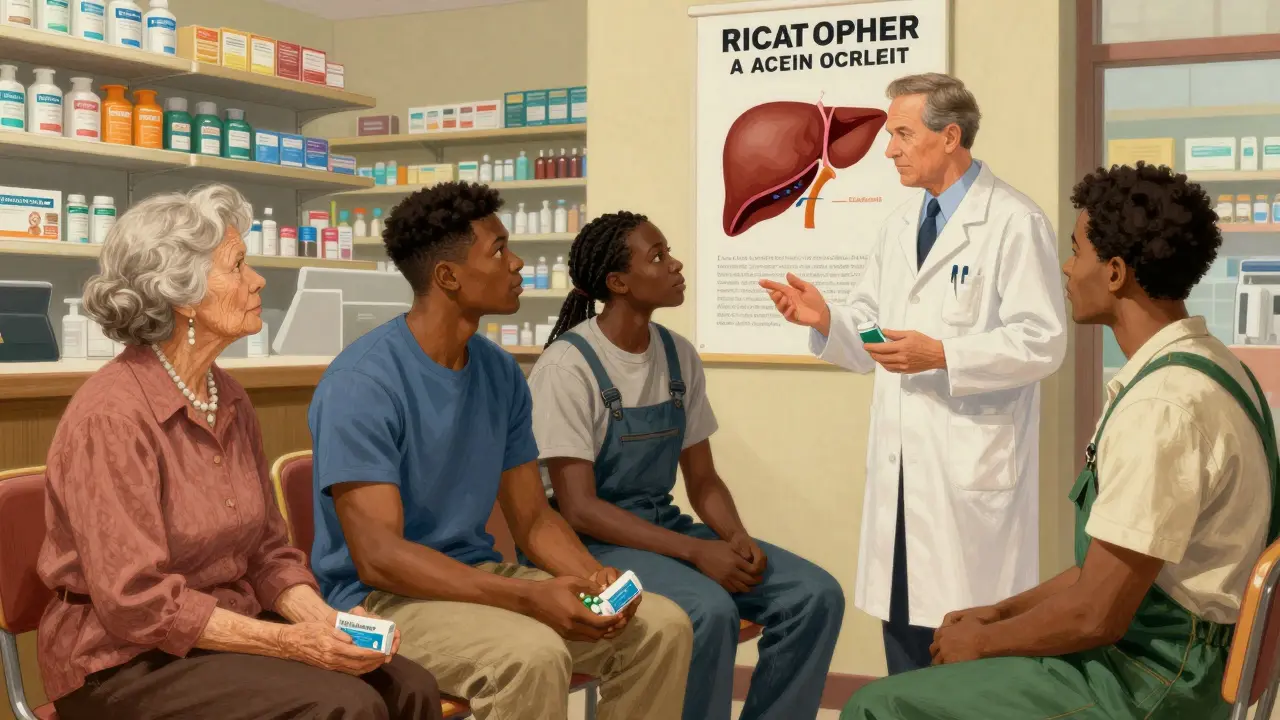 A pharmacist educates diverse patients about pain medication safety using an illustrated poster in a pharmacy.