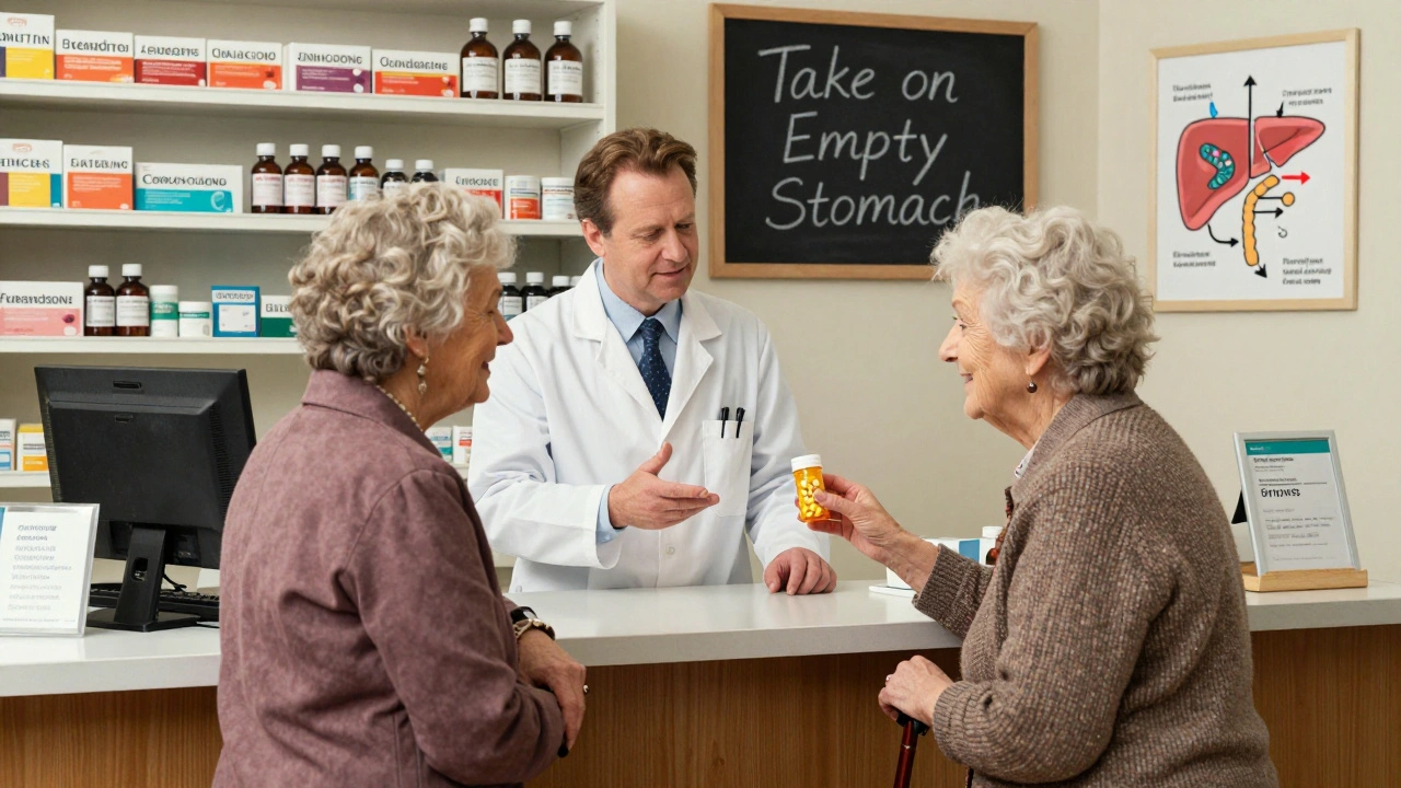 A pharmacist explains GI drug absorption to an elderly patient at a cozy pharmacy counter.