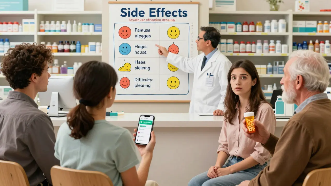 A pharmacist explains side effects vs. allergies using a colorful illustrated chart in a community pharmacy.