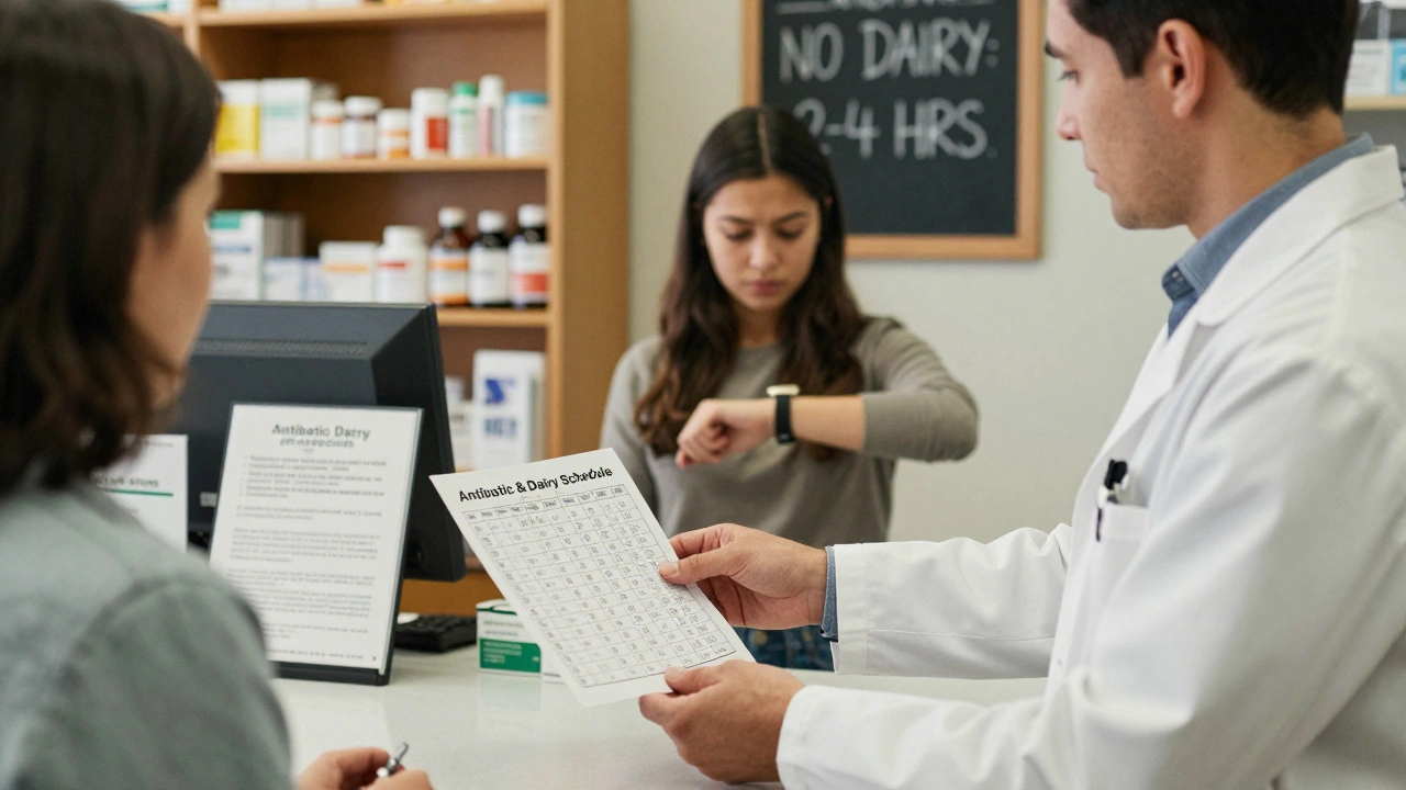 A pharmacist gives a patient a timing chart for antibiotics and dairy avoidance.