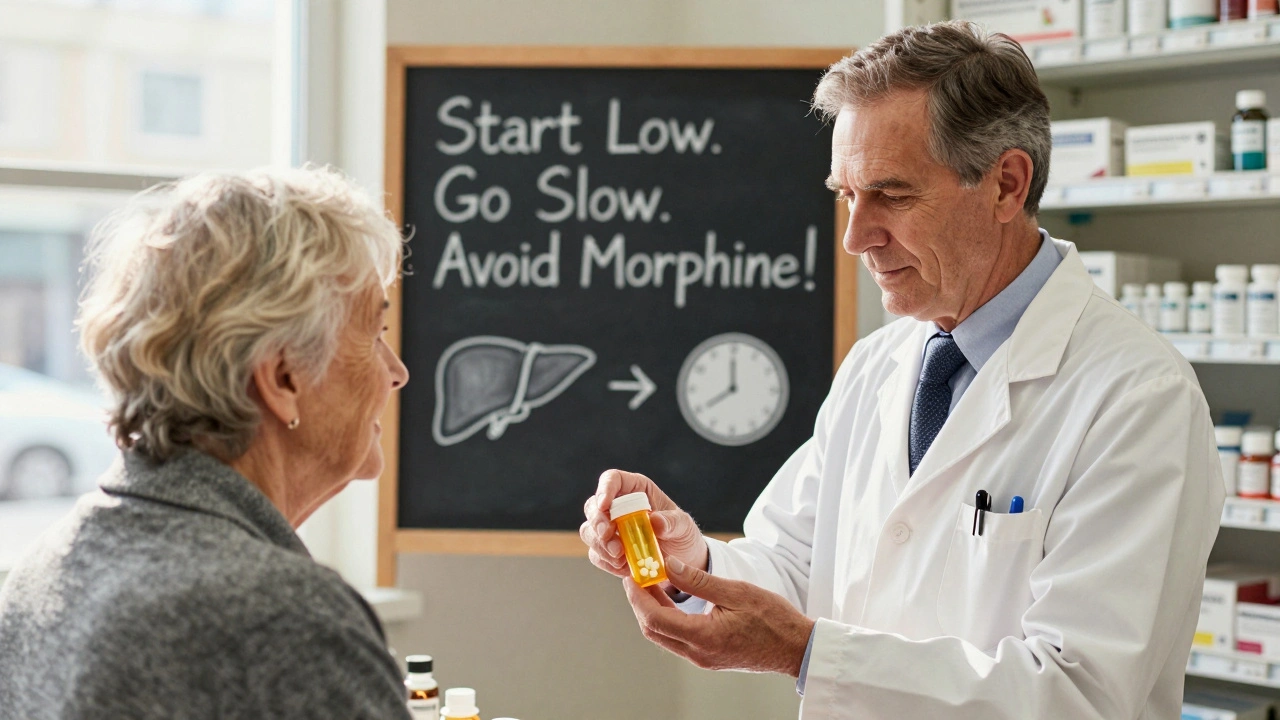 A pharmacist handing a small opioid bottle to an elderly patient, with a chalkboard listing safety guidelines.