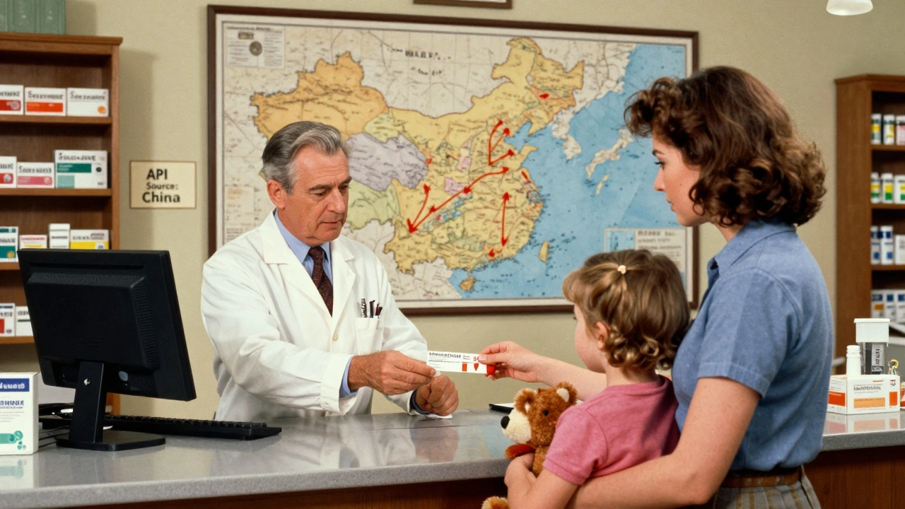 A pharmacist hands a prescription to a mother and child in a cozy American pharmacy, with a map showing drug supply chains from China.