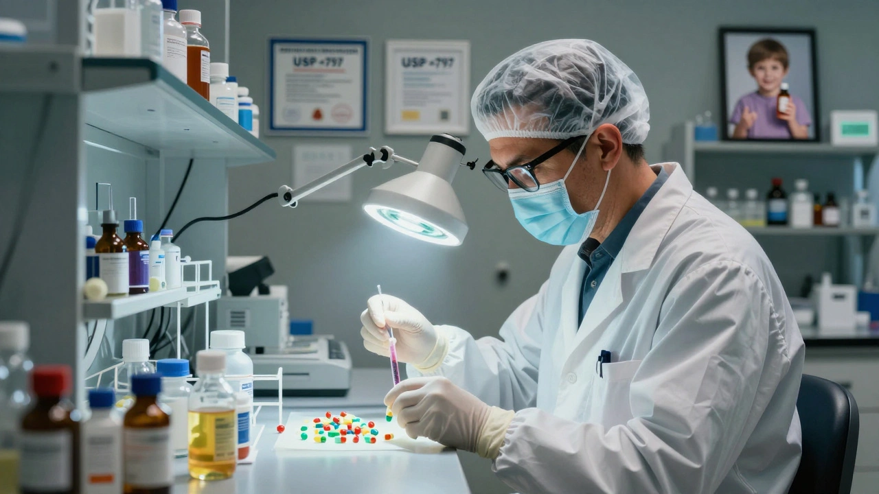 A pharmacist in a cleanroom carefully compounds sterile medication under a magnifying lamp.