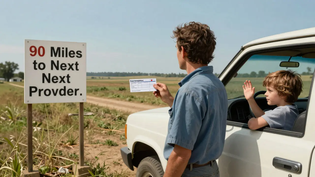 A rural patient in a truck looks toward a distant clinic with a child waving from the backseat.