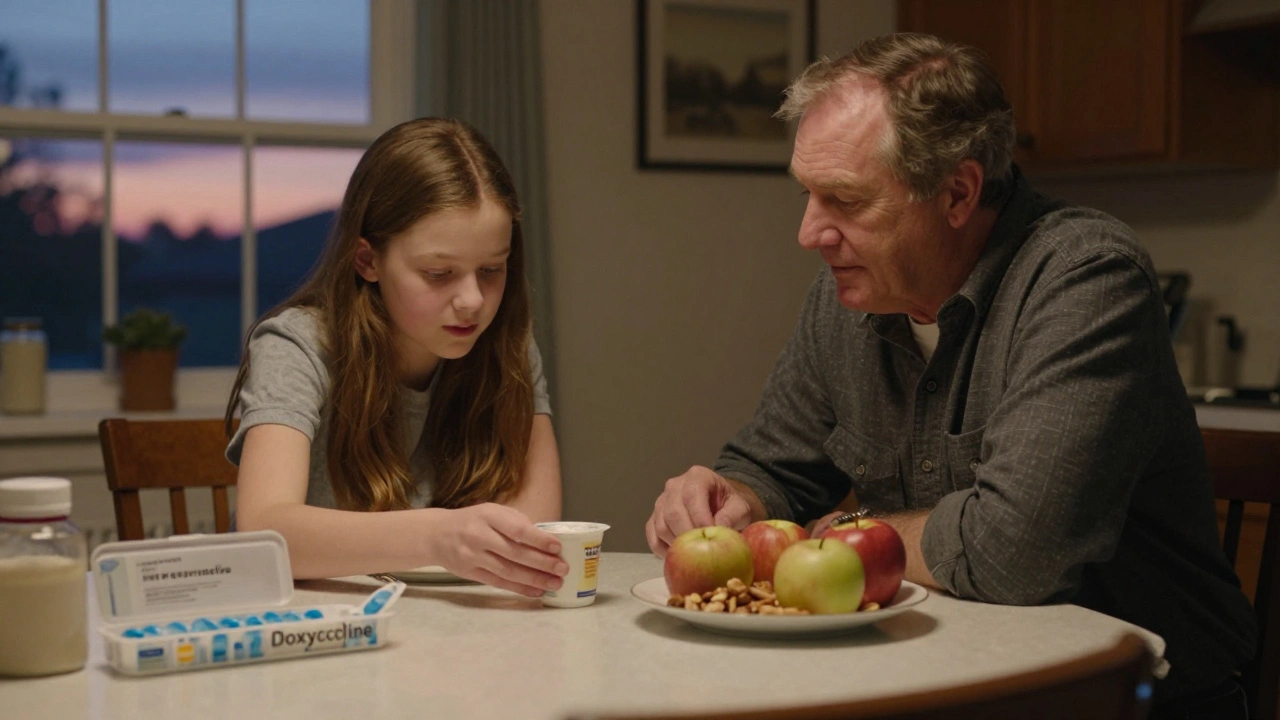 A teenager chooses fruit over yogurt while taking antibiotics, with family support.